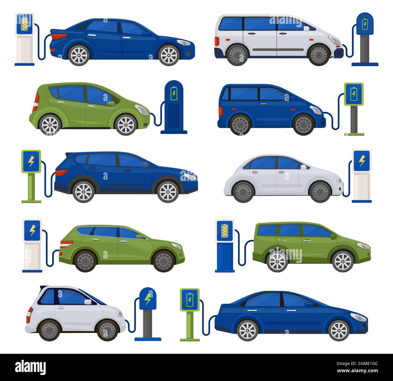 Auto elettriche, ecologia, ricarica sostenibile dei veicoli. Automobili rispettose dell'ambiente alle stazioni di ricarica set di illustrazioni vettoriali. Elettro Illustrazione Vettoriale