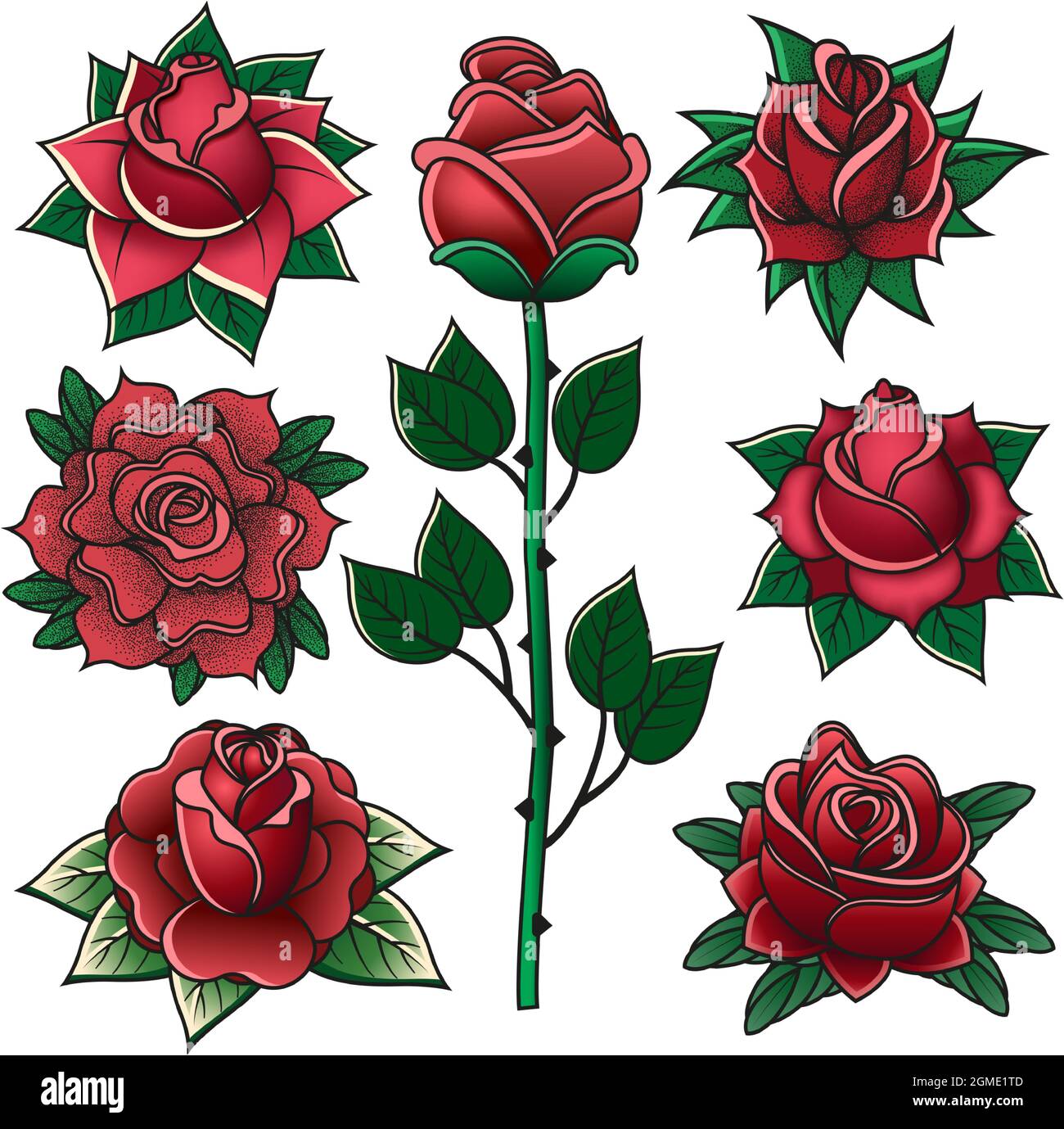 Vintage incisione rose vecchi tatuaggio scuola simboli. Vecchio tatuaggio scuola rosa fiori elementi isolato vettore illustrazione set. Tatuaggi di rosa d'epoca Illustrazione Vettoriale