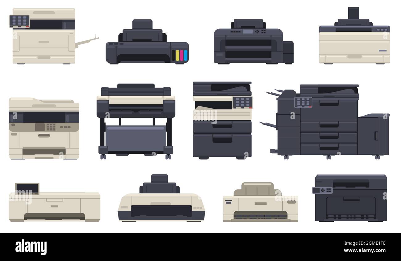 Apparecchiature professionali per ufficio stampanti scanner copiatrici.  Tecnologia per ufficio, stampante a getto d'inchiostro, set di  illustrazioni vettoriali per copiatrici. Digitale Immagine e Vettoriale -  Alamy