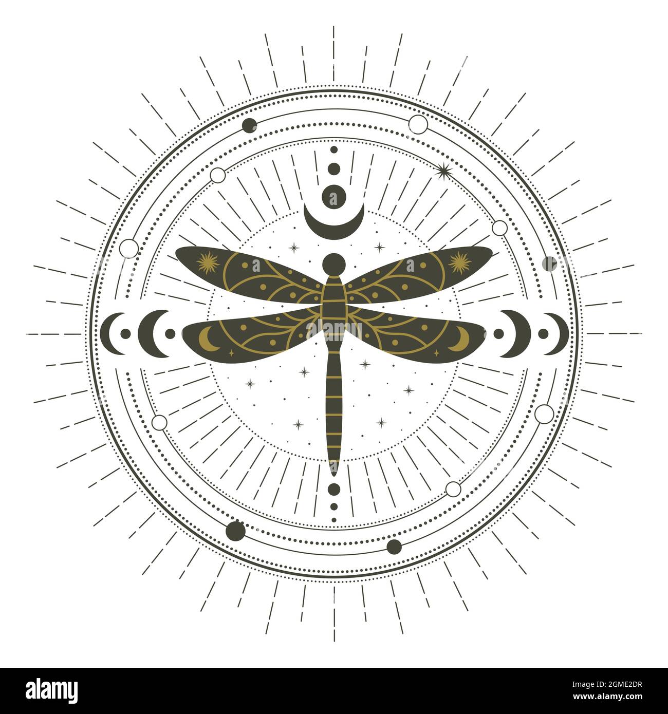 Magico stregoneria dragonfly insetto mistico incantesimo cerchio. Witchcraft magico incantesimo cerchio, mistica libellula simbolo illustrazione vettore. Astratto Illustrazione Vettoriale