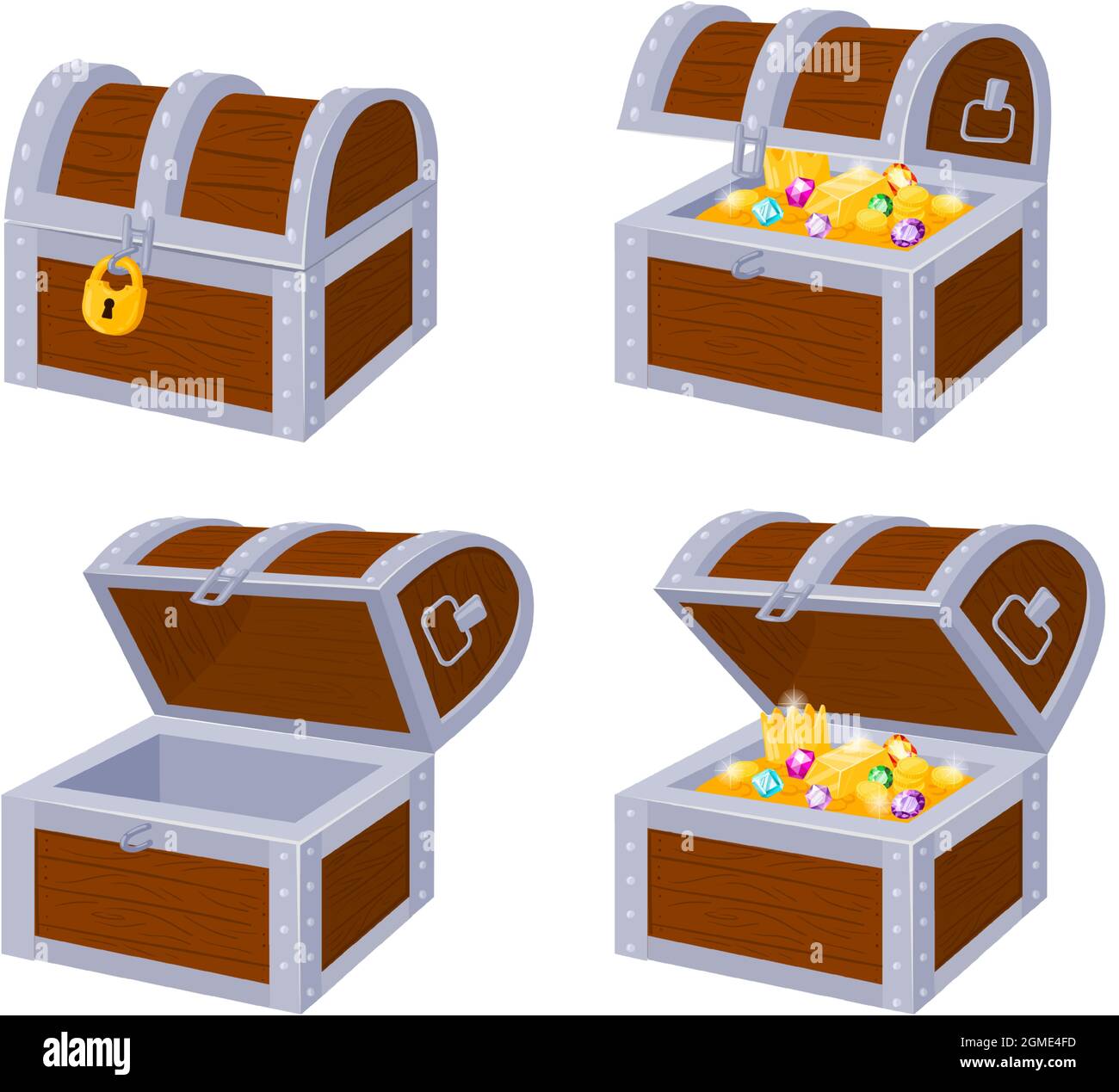 Cassettoni in legno pirata cartoon con tesoro d'oro, aperti e chiusi. Tronchi pirata in legno pieno tesori d'oro, bloccato e vuoto vettore illustrazione set Illustrazione Vettoriale