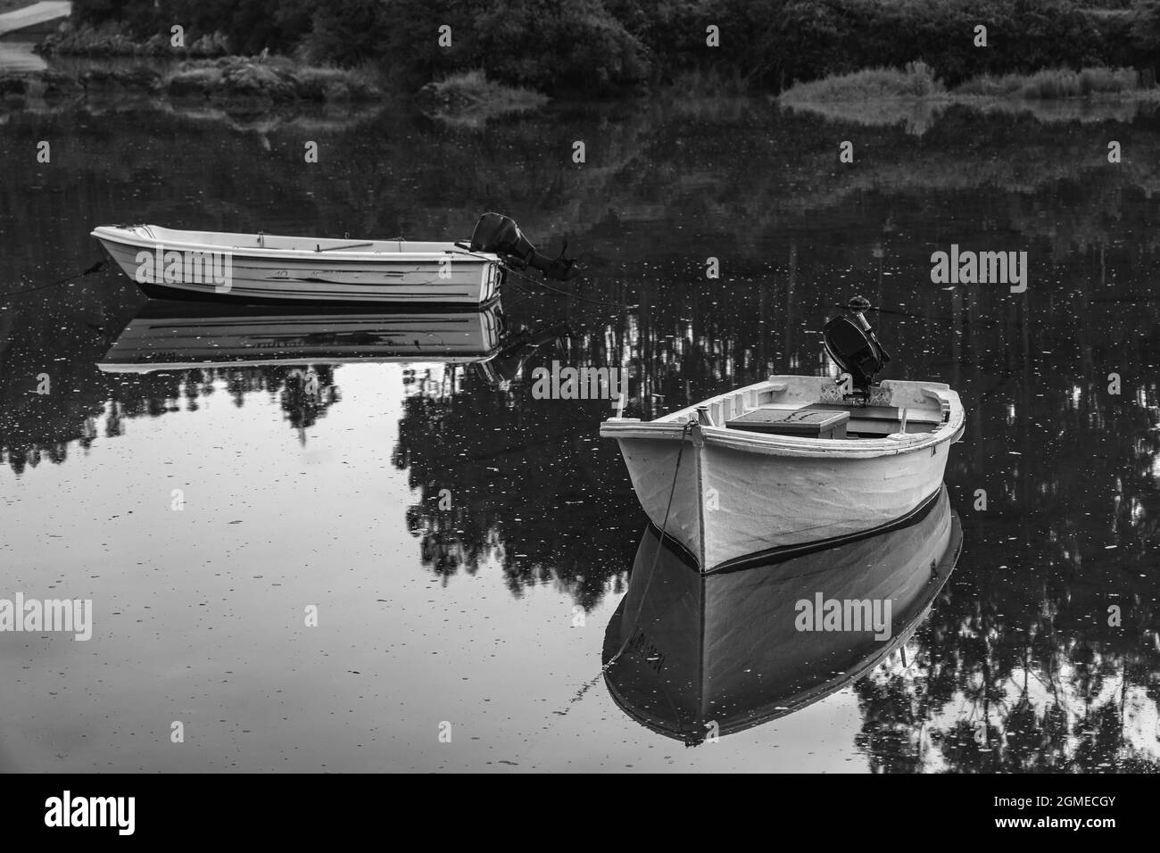 Foto in scala di grigi delle vecchie barche in un lago Foto Stock