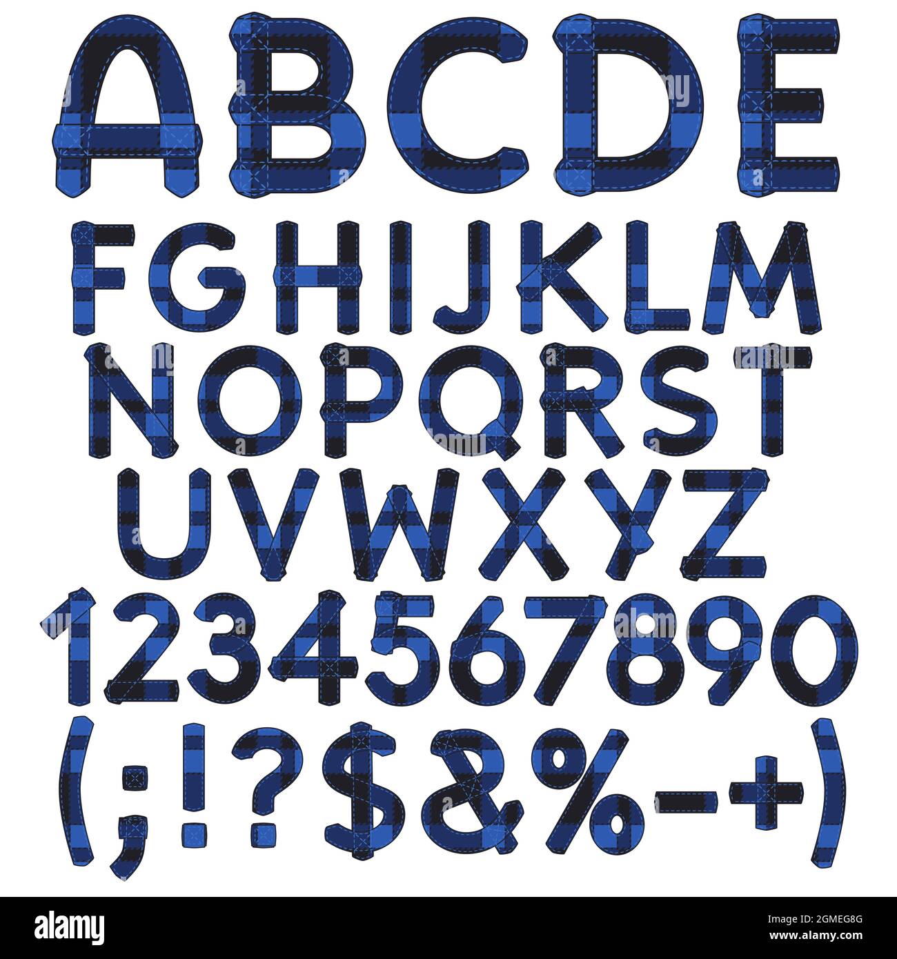 Alfabeto, lettere, numeri e segni di tessuto blu tartan. Oggetti vettoriali isolati su sfondo bianco. Illustrazione Vettoriale
