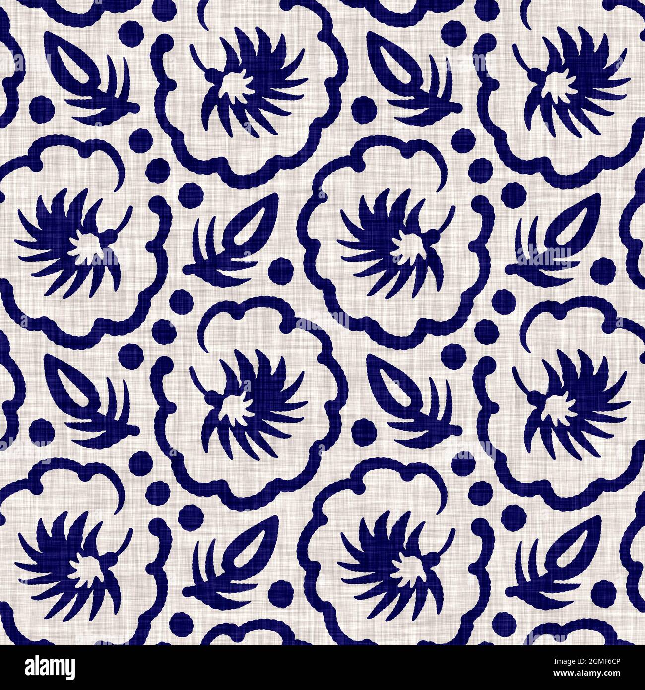 Indigo blu fiore blocco stampa tinta tessuto di lino sfondo. Campione giapponese di ripetizione batik tessuto senza cuciture. Sfocatura floreale organica afflosciata Foto Stock