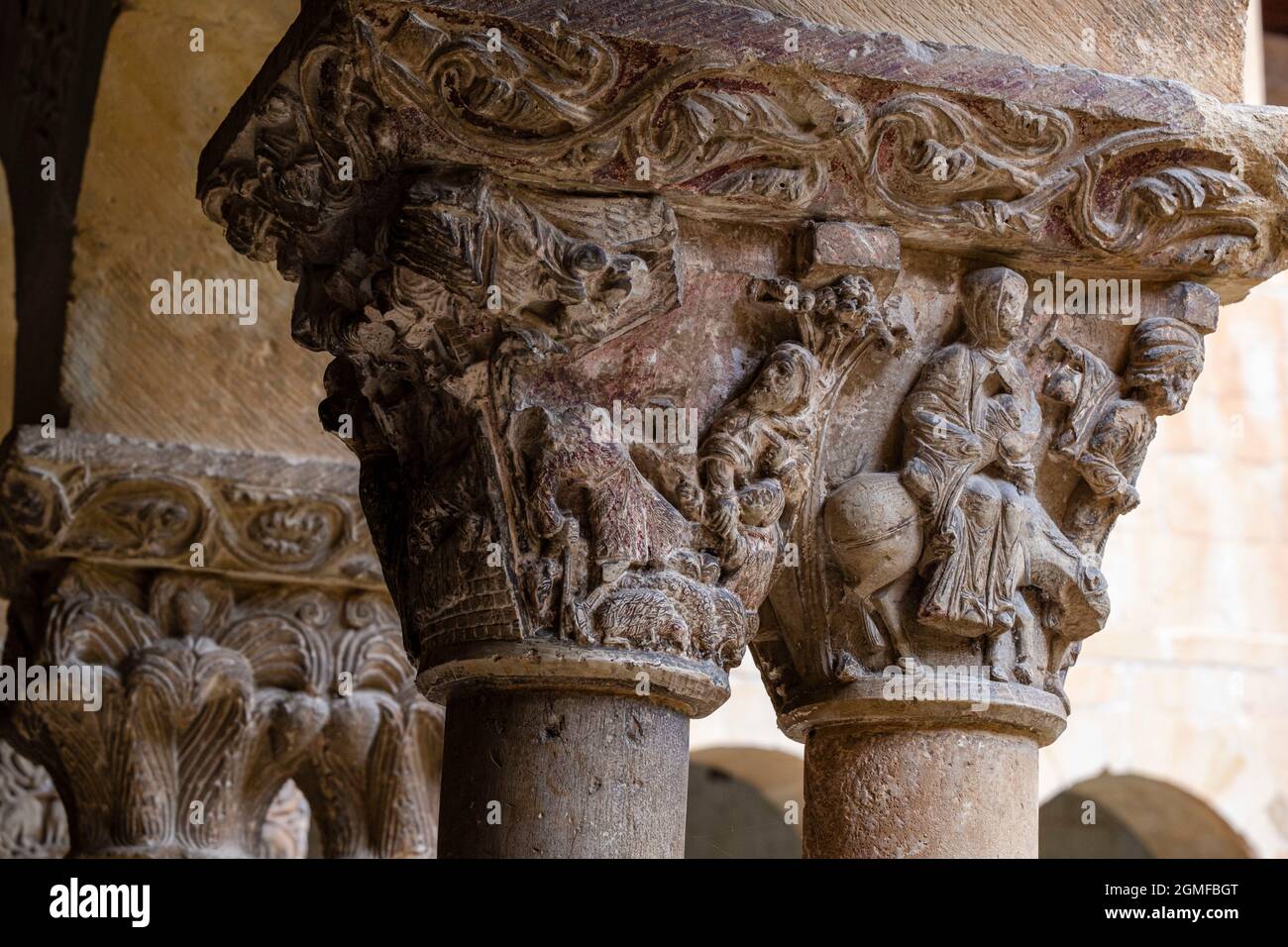 Capitale con la fuga in egitto, chiostro di Santo Domingo de Silos, provincia di Burgos, Spagna. Foto Stock