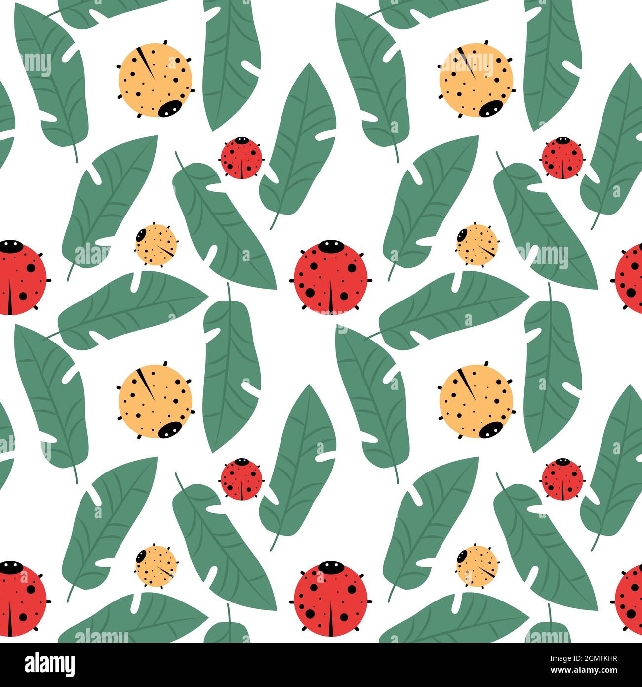 Motivo colorato vettoriale senza cuciture con ladybugs e foglie. Sfondo naturale infinito. Stampa di insetti ripetibile Illustrazione Vettoriale