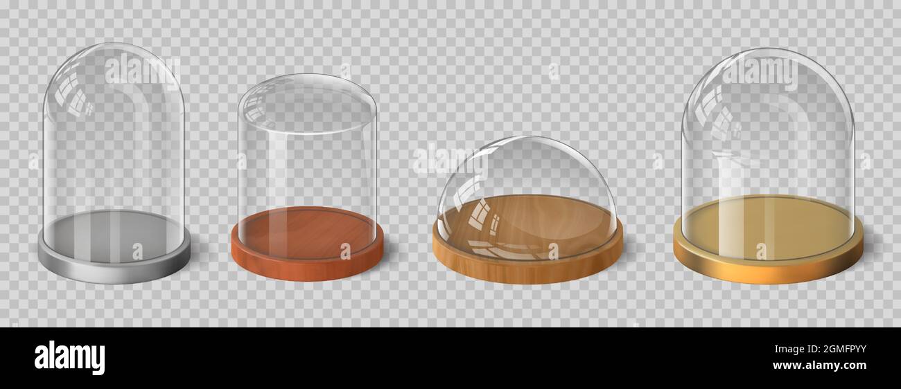 Cupole in vetro 3d realistiche con vassoio in legno, argento e oro campana di cristallo, cilindro e contenitori semisferici espositivi set vettoriale Illustrazione Vettoriale