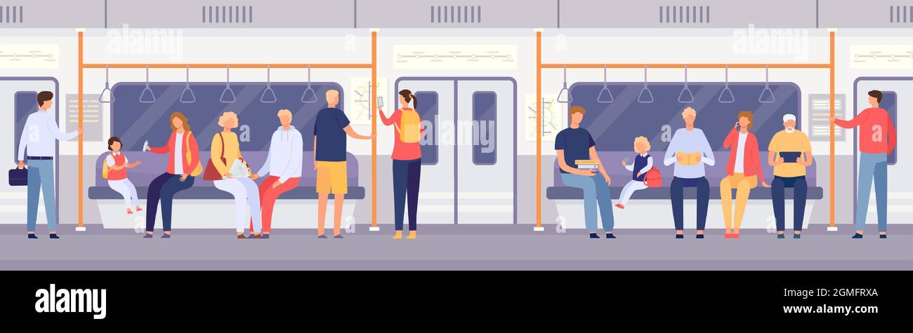 Folla di passeggeri all'interno del treno della metropolitana o dell'autobus cittadino. Cartoni animati persone in piedi e seduti nei trasporti pubblici. Viaggio in metropolitana concetto vettoriale auto Illustrazione Vettoriale