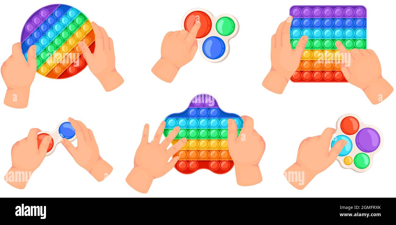 Le mani dei bambini lo tengono schiocco, giocando con i giocattoli del fidget. Bambini che schioccano bolle sensoriali gioco. Set vettoriale per giocattoli arcobaleno semplici e antistress Illustrazione Vettoriale