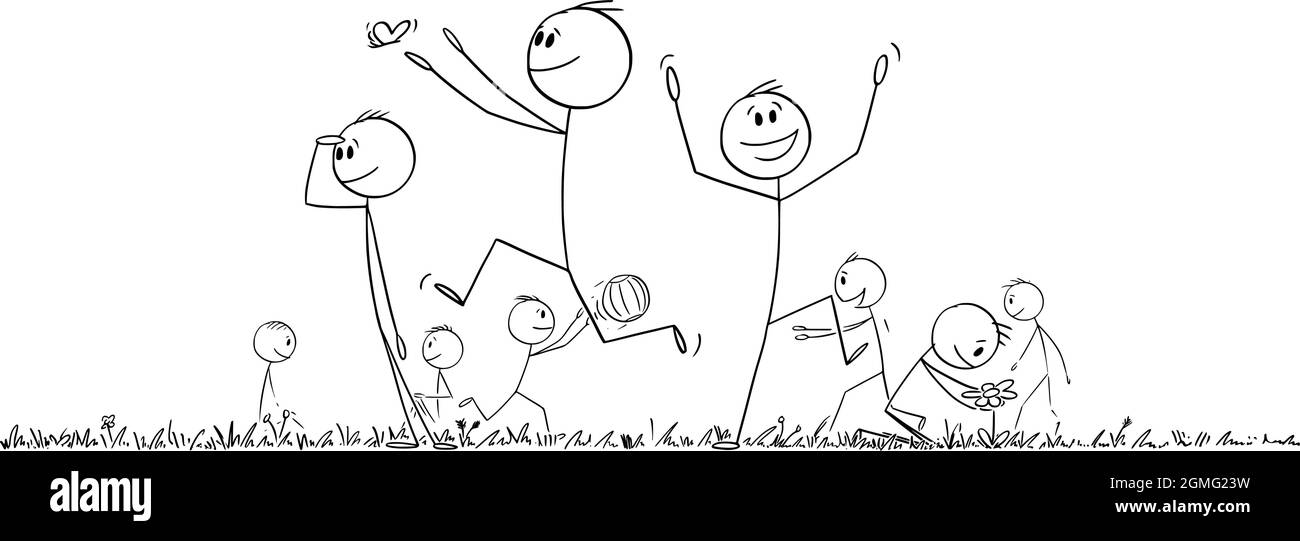Gruppo di persone felici giocando e godendo Outdoor , Vector Cartoon Stick Illustrazione Illustrazione Vettoriale