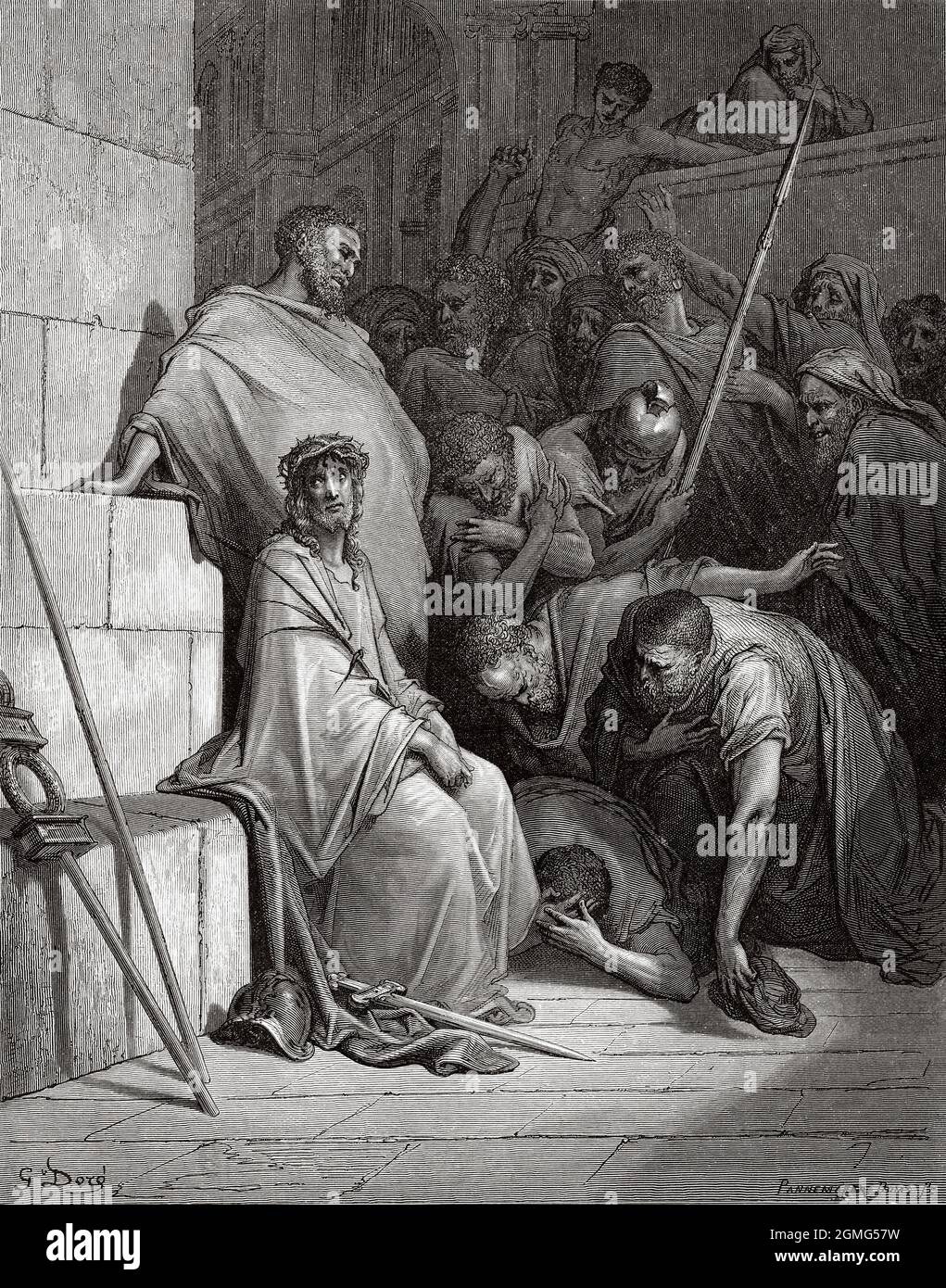 Cristo scherzò e la Corona delle spine gli pose sulla testa, di Gustave Dore (1832-1883) artista e illustratore francese. Antica illustrazione del 19 ° secolo inciso da la Ilustración Artística 1882 Foto Stock