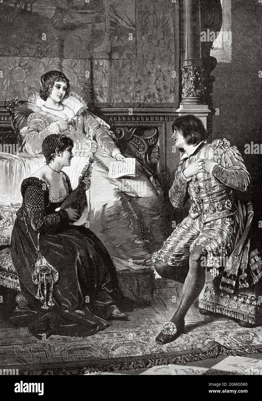 Il matrimonio di Figaro, dipinto da Hermann von Kaulbach (1846-1909) è stato un pittore tedesco della scuola di Monaco. Antica illustrazione del 19 ° secolo inciso da la Ilustración Artística 1882 Foto Stock