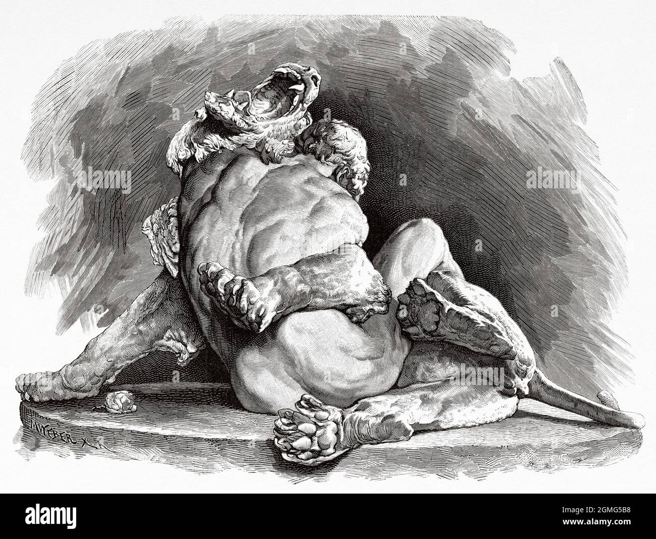 Scultura di uno schiavo tedesco che combatte un leone nel circo di Roma, bronzo di M Klein. Antica illustrazione del 19 ° secolo inciso da la Ilustración Artística 1882 Foto Stock