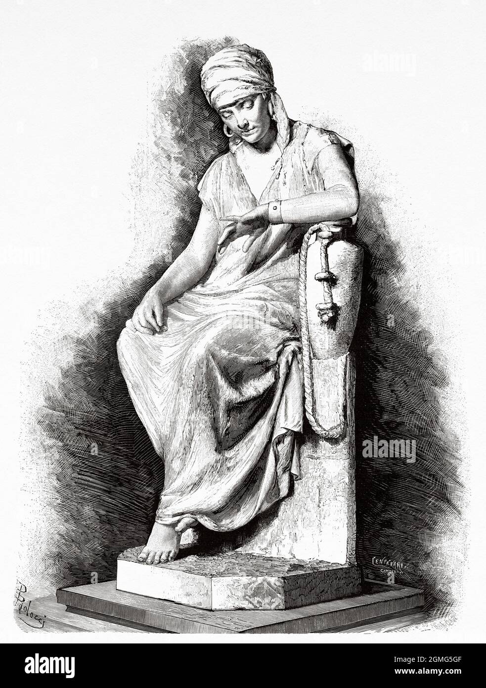 Rebecca, scultura marmorea di Girolamo Masini (1840-1885), è stato uno scultore italiano. Antica illustrazione del 19 ° secolo inciso da la Ilustración Artística 1882 Foto Stock