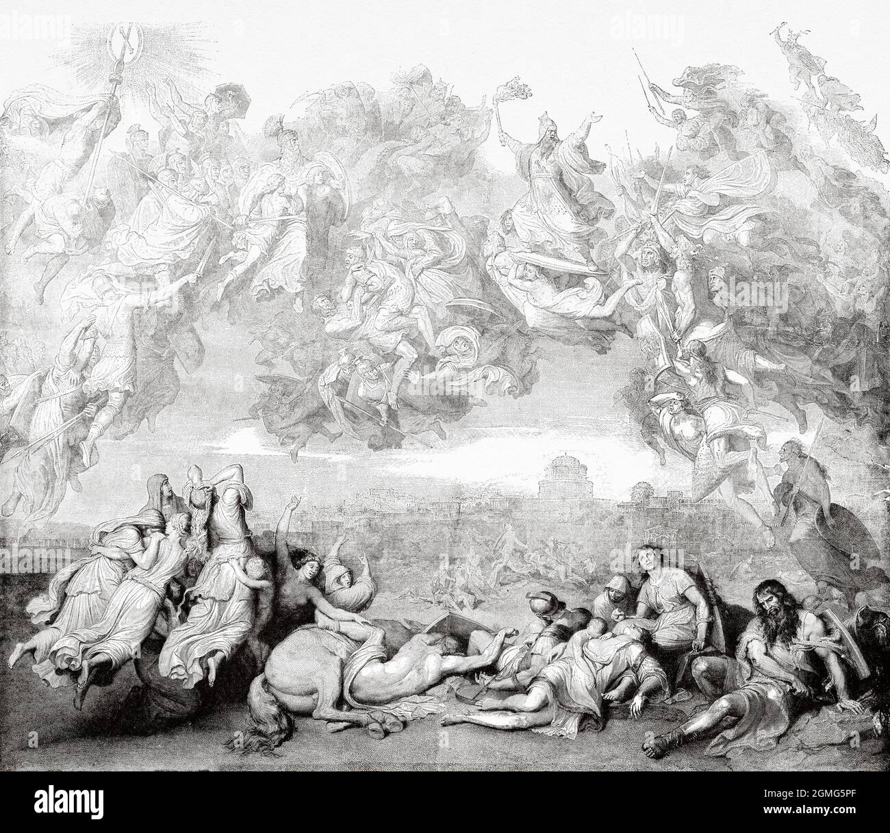 L'invasione degli Unni, dipinta da Wilhelm von Kaulbach (1805-1874), fu un pittore tedesco. Antica illustrazione del 19 ° secolo inciso da la Ilustración Artística 1882 Foto Stock