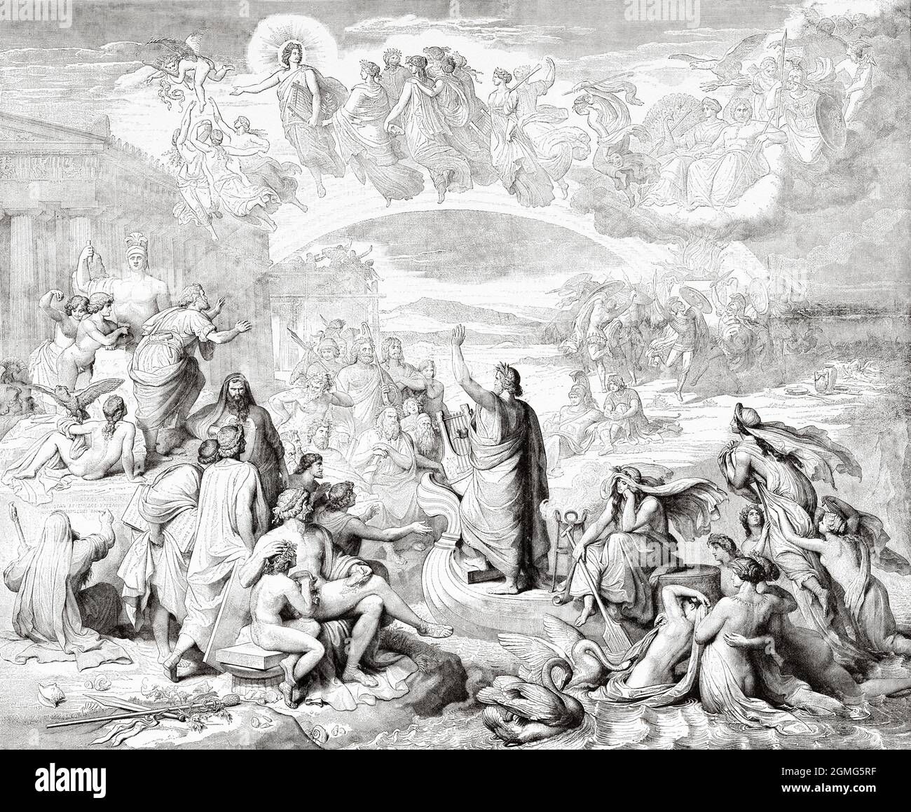 Omero e i Greci, dipinto da Wilhelm von Kaulbach (1805-1874), fu un pittore tedesco. Antica illustrazione del 19 ° secolo inciso da la Ilustración Artística 1882 Foto Stock