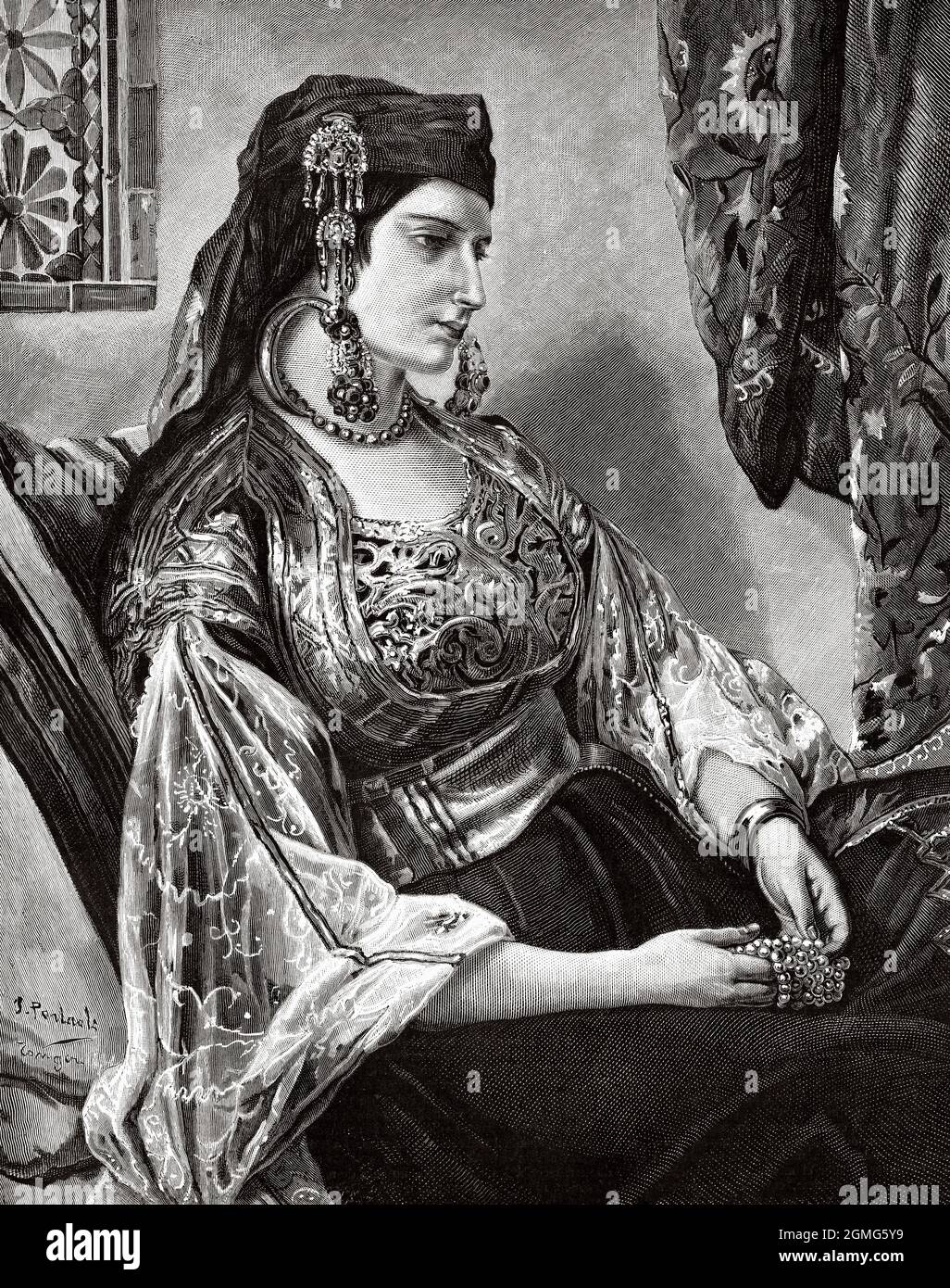 Bella giovane donna ebrea di Tangeri, dipinta da Jean-Francois Portaels (1818-1895) è stata una . Antica illustrazione del 19 ° secolo inciso da la Ilustración Artística 1882 Foto Stock