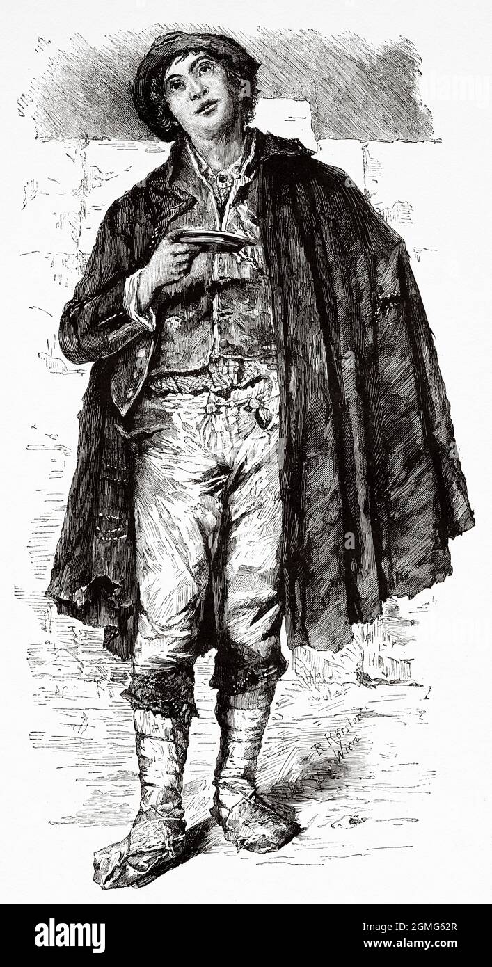 Savoyard Beggar, dipinto da Rudolf Rossler (1864-1934), è stato un pittore austriaco. Antica illustrazione del 19 ° secolo inciso da la Ilustración Artística 1882 Foto Stock