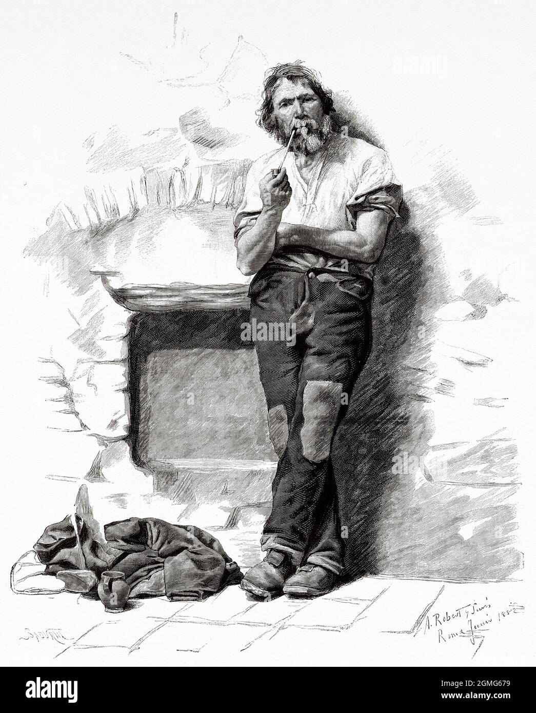 Ritratto di studio di un uomo che fuma una pipa, dipinto da Agustí Robert i Suris (1860-1913) è stato un pittore spagnolo. Antica illustrazione del 19 ° secolo inciso da la Ilustración Artística 1882 Foto Stock