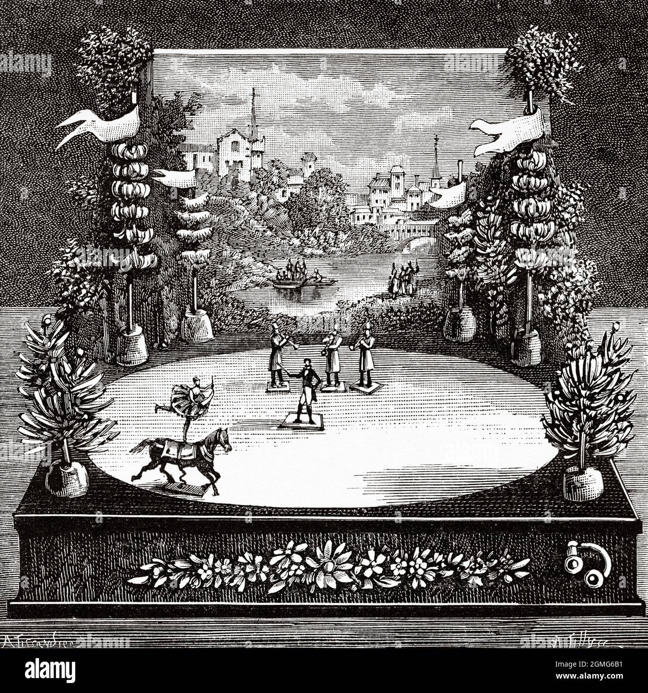 Un giocattolo magnetico, il piccolo circo magico. Antica illustrazione del 19 ° secolo inciso da la Nature 1883 Foto Stock