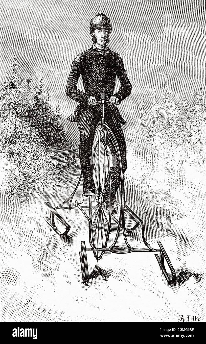 Velocipede di ghiaccio con ruota dentata. Antica illustrazione del 19 ° secolo inciso da la Nature 1883 Foto Stock