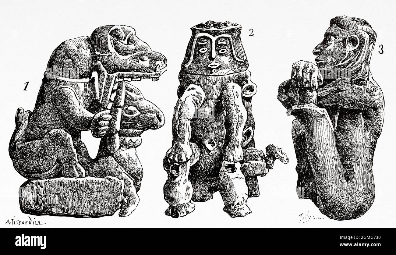 Precolombiano art. 1) Idol delle amazzoni. 2) urna cineraria della provincia di Para, Brasile. 3) figurina di terracotta trovata ad Utatlan. Antica illustrazione del 19 ° secolo inciso da la Nature 1883 Foto Stock