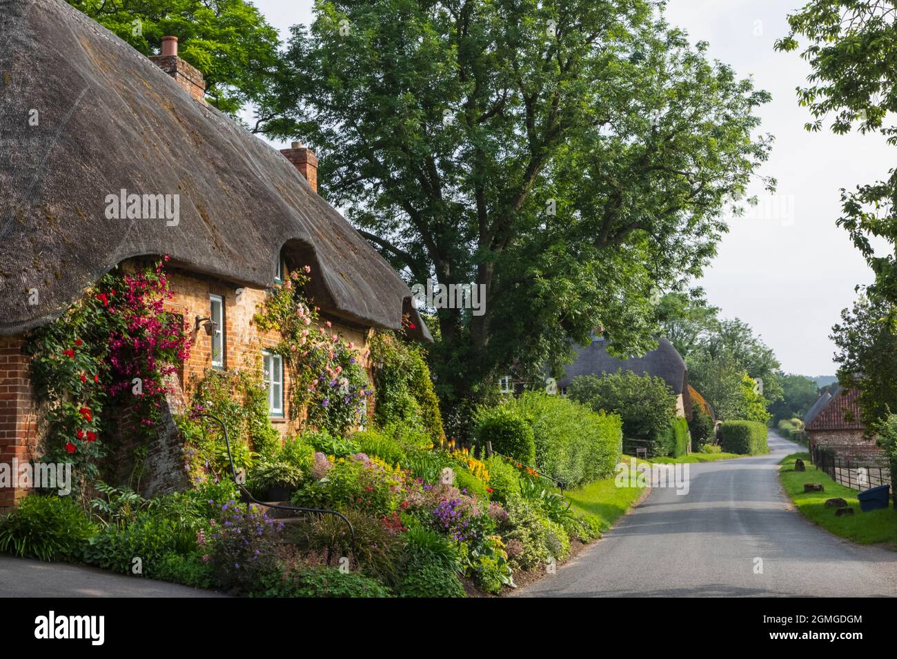 Inghilterra, Hampshire, test Valley, Stockbridge, Longstock villiage, tradizionale casa sul tetto in paglia e strada vuota Foto Stock