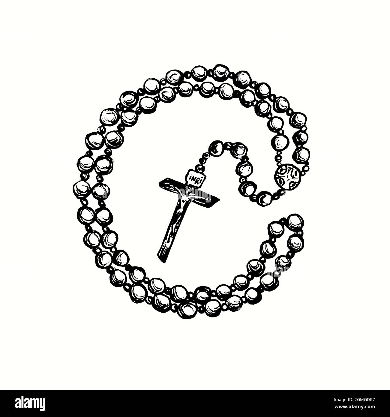 Perle di preghiera in stile vintage (perle di rosario cattolico romano). Immagine del disegno in bianco e nero con inchiostro Foto Stock