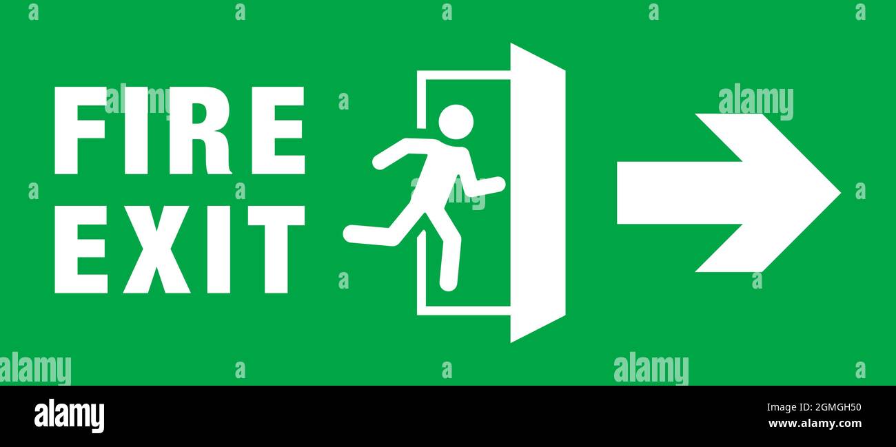 Segnale di uscita antincendio di emergenza di colore verde. Simbolo di avvertimento. Icona dell'uomo che corre verso la porta. Illustrazione Vettoriale