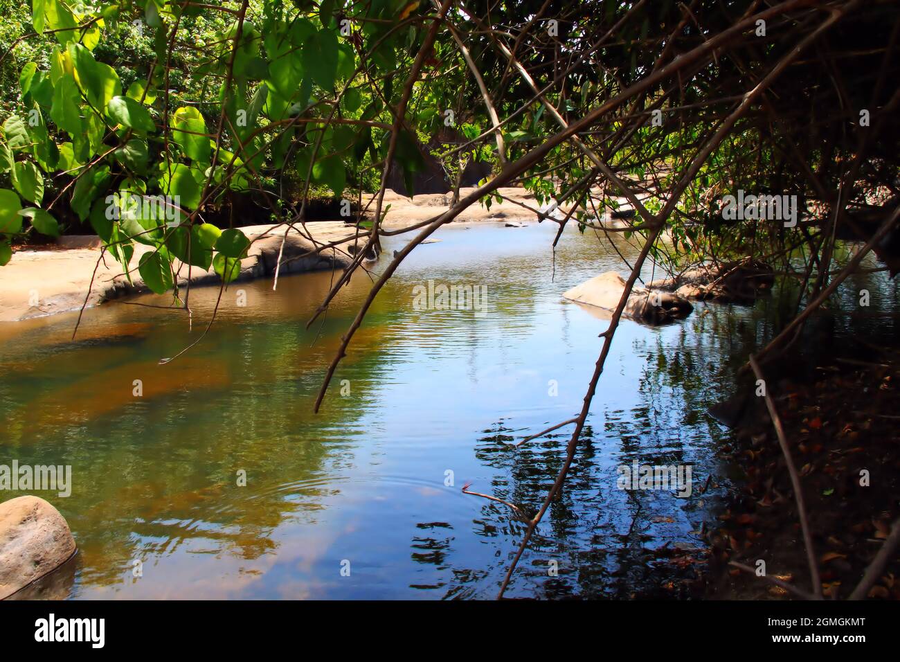 Uno stagno di ruscello alimentato acqua limpida e calda, circondato da grandi rocce e alberi nella Guinea interna, Africa occidentale, in una giornata di sole. Foto Stock