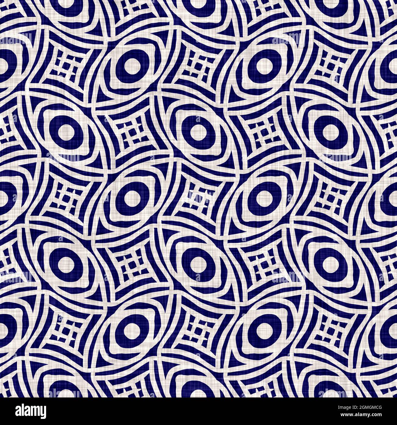 Texture indaco-cerchio senza cuciture. Sfondo blu effetto boro cotone tinto. Giappone ripetizione batik modello di resist. Stampe asiatiche stellato Foto Stock