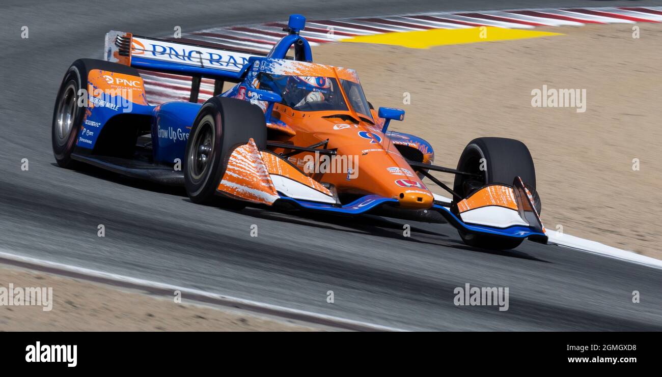 Settembre 18 2021 Monterey, CA, U.S.A. driver Scott Dixon in arrivo di turno 5 durante il NTT Firestone Grand Prix di Monterey pratica # 2 al Weathertech Raceway Laguna Seca Monterey, CA Thurman James/CSM Foto Stock