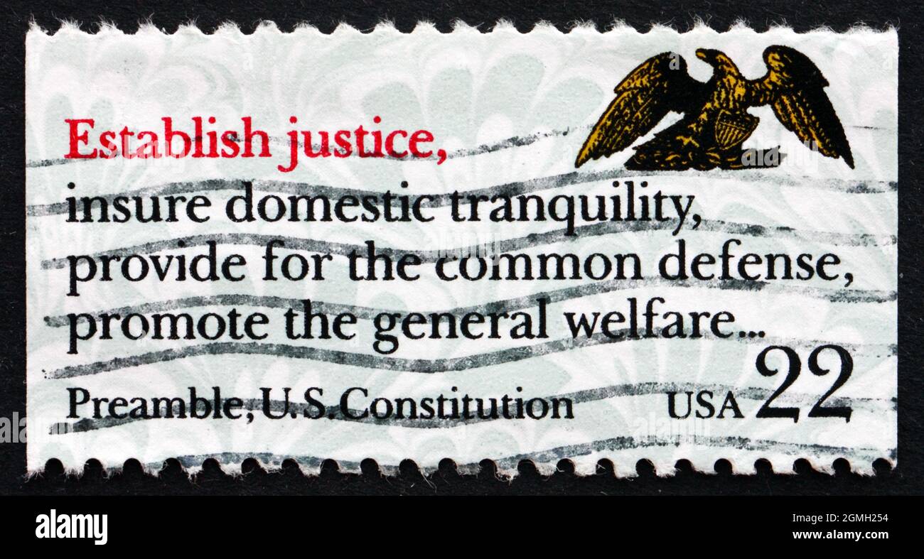 STATI UNITI D'AMERICA - CIRCA 1987: Un francobollo stampato negli Stati Uniti mostra preambolo, Costituzione degli Stati Uniti, redazione della Costituzione Bicentennial, Establis Foto Stock