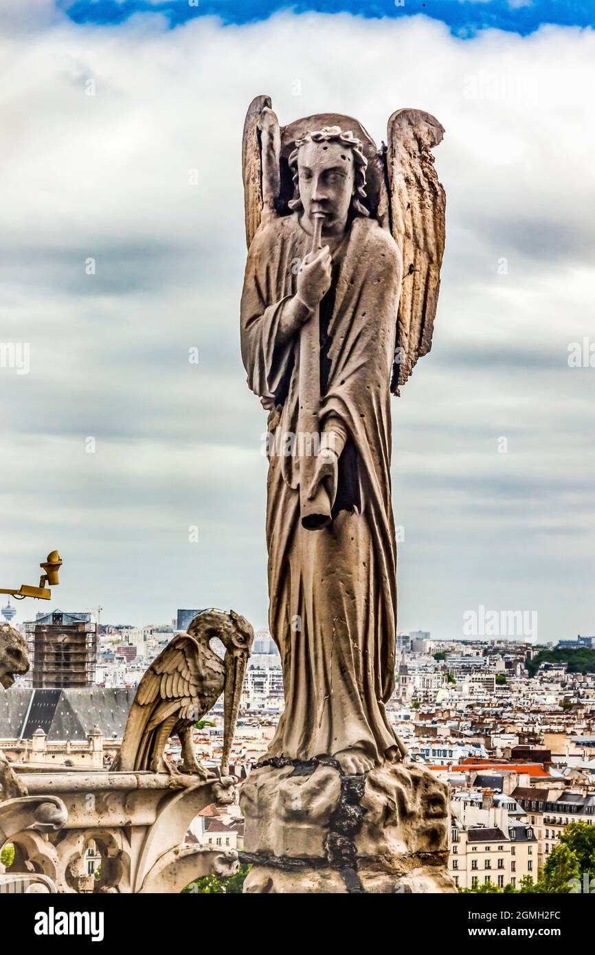 Gargoyles creature fantastiche Statua tetto Notre Dame Chiesa prima di Fire City Centre Parigi Francia. Il Gargoyle è utilizzato come beccuccio per scaricare l'acqua Foto Stock