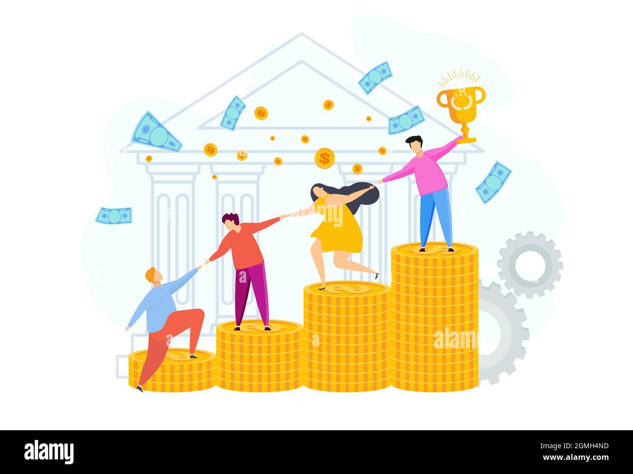 Le persone si aiutano a vicenda sulla scala del successo finanziario. Illustrazione Vettoriale