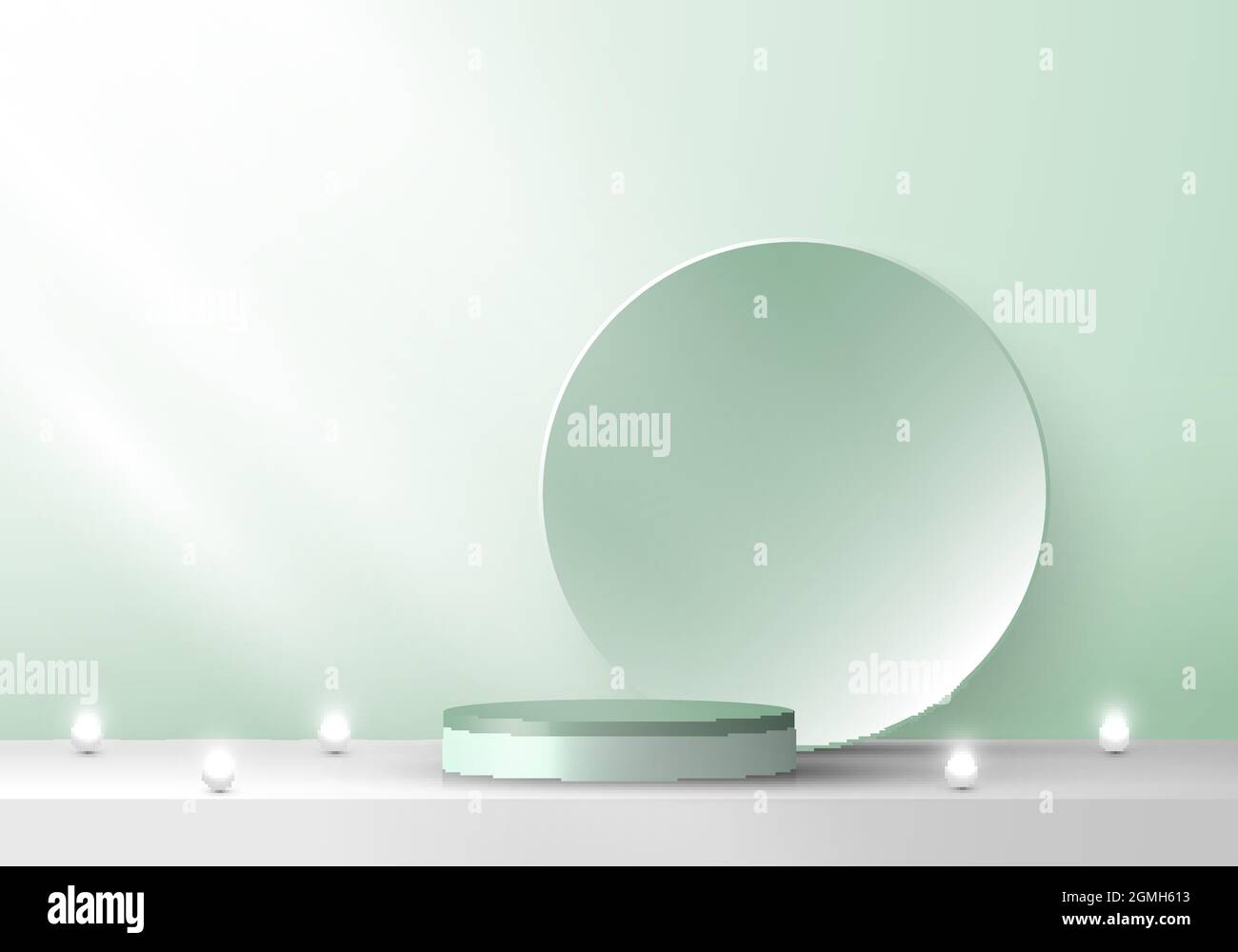 Palcoscenico 3D verde podio piedistallo e sfondo circolare con luce al neon minimo scena. È possibile utilizzare per la visualizzazione del prodotto. Illustrazione vettoriale Illustrazione Vettoriale