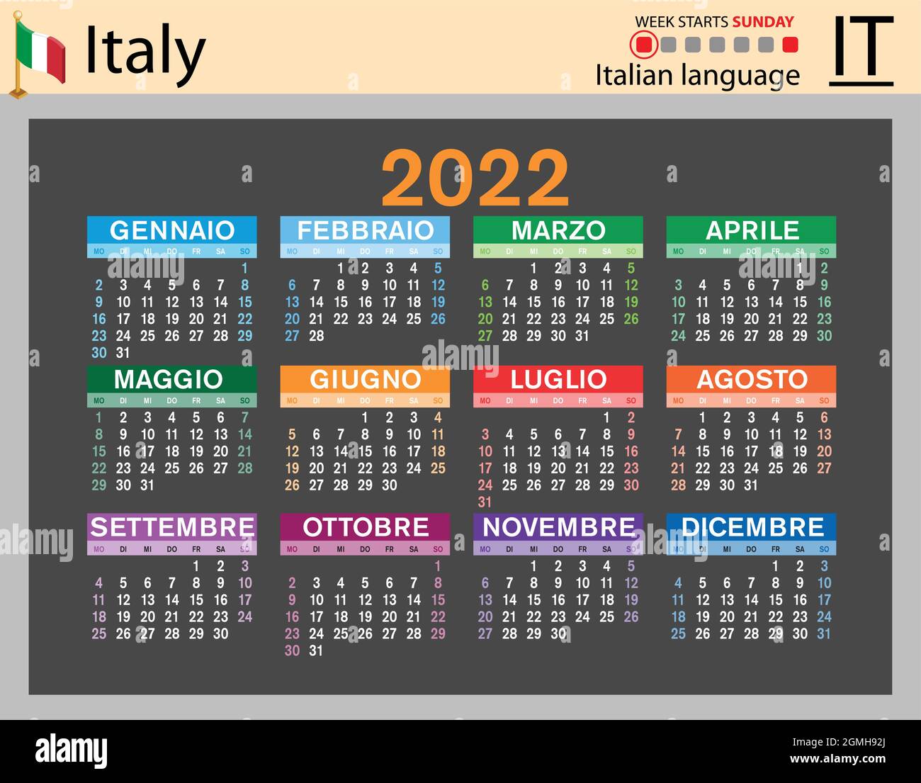 Calendario tascabile orizzontale italiano per il 2022 (duemilventidue). La settimana inizia domenica. Anno nuovo. Design semplice a colori. Vettore Illustrazione Vettoriale
