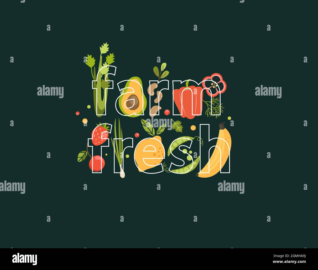 Fattoria di parola fresco pieno di verdure, bacche, frutta. Illustrazione Vettoriale