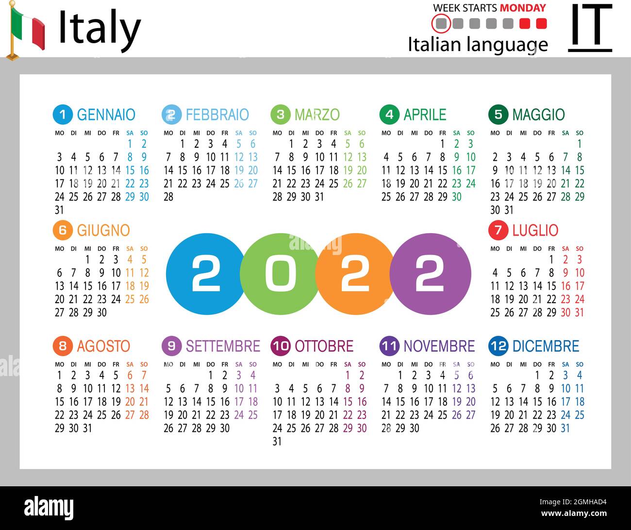 Calendario tascabile orizzontale italiano per il 2022 (duemilventidue). La settimana inizia lunedì. Anno nuovo. Design semplice a colori. Vettore Illustrazione Vettoriale