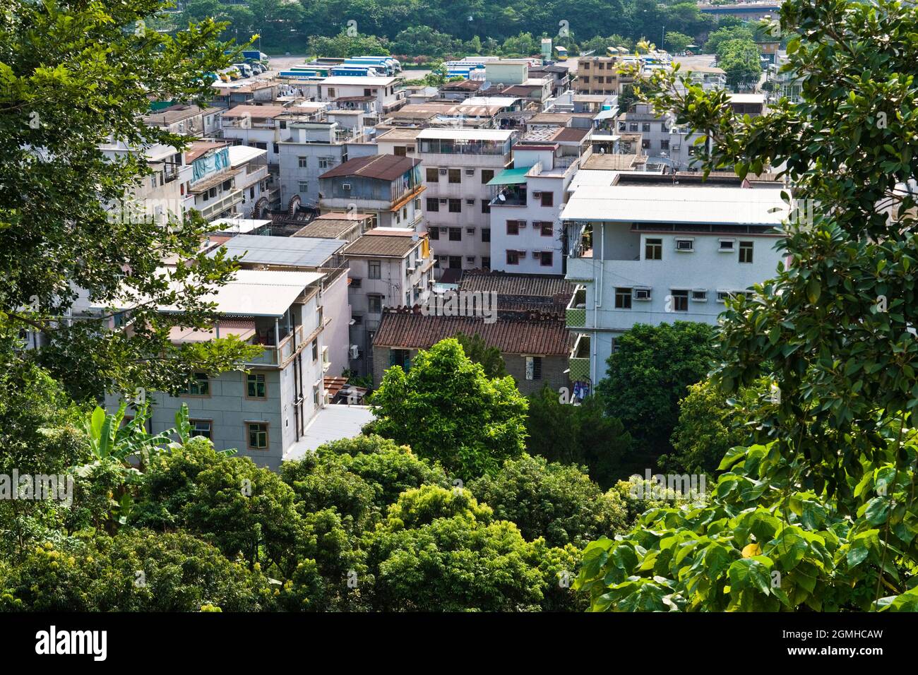 Case tradizionali cinesi del villaggio, con il retro della Yan Tun Kong Study Hall al centro, Ping Shan, nuovi territori, Hong Kong Foto Stock