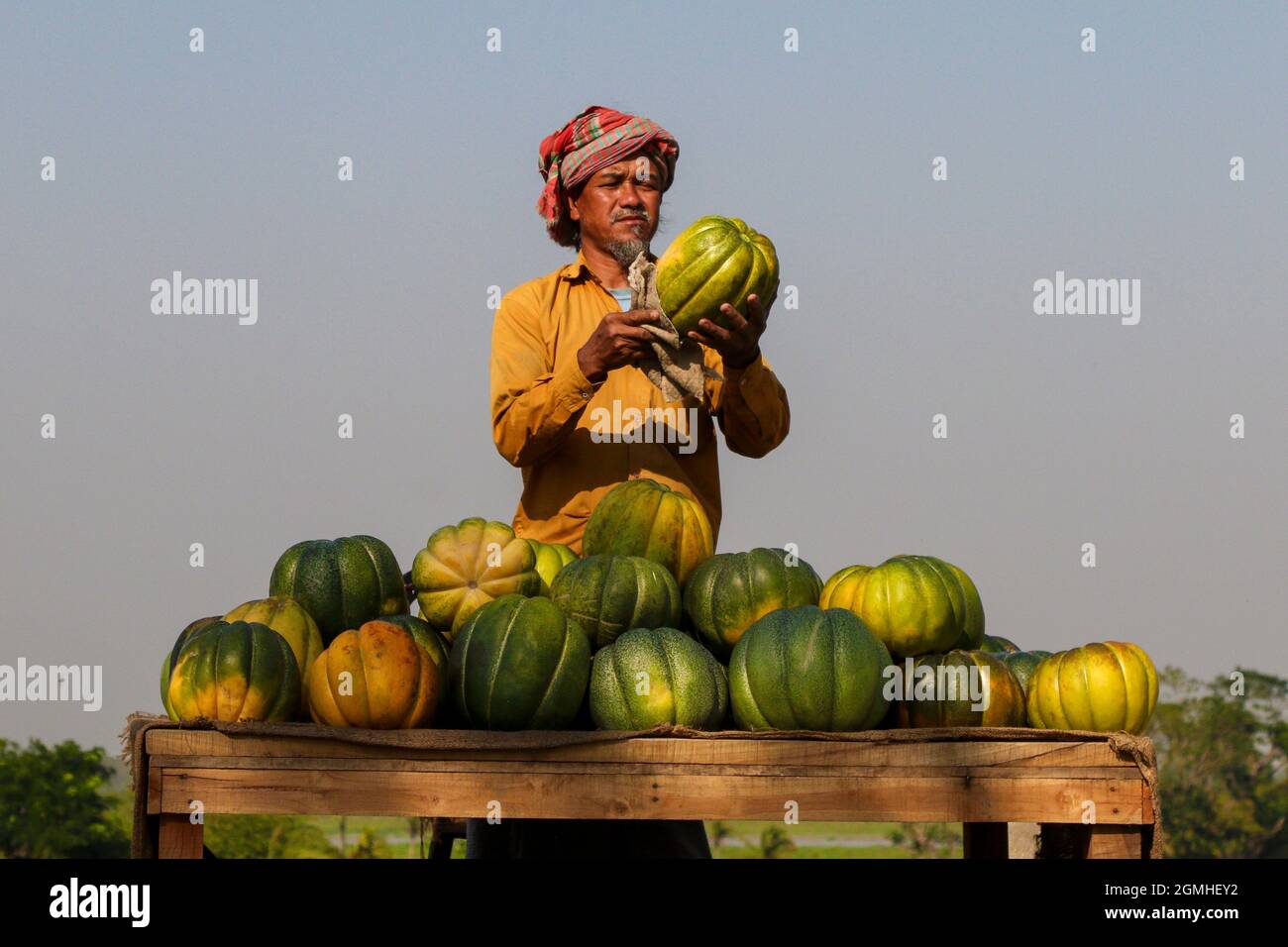 Mar, 03, 2019-questo venditore di frutta vende meloni sulla strada accanto al campo su cui le colture sono coltivate. Preferisce vendere qui in mercato, Foto Stock