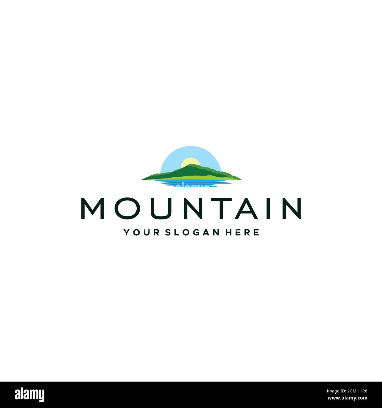 Moderno MOUNTAIN Hill Sunrise Lake Logo design Illustrazione Vettoriale