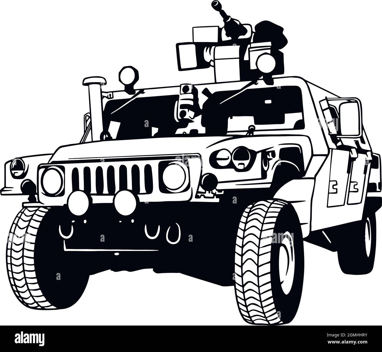 veicolo militare humvee con mitragliatrice pesante isolata su bianco. Illustrazione Vettoriale