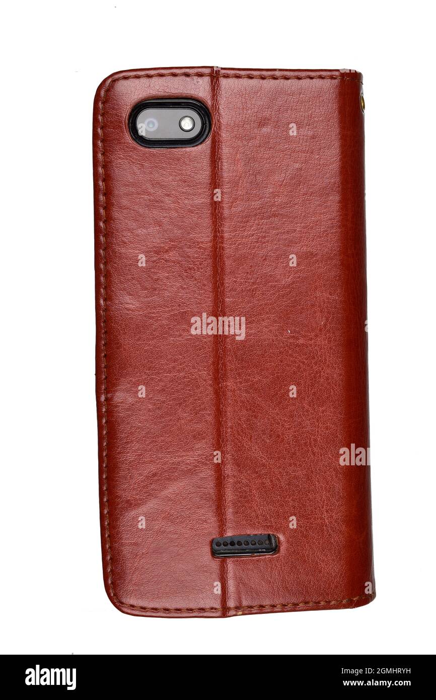 Rivestimento in pelle sullo smartphone isolato su sfondo bianco con Clipping Path Foto Stock