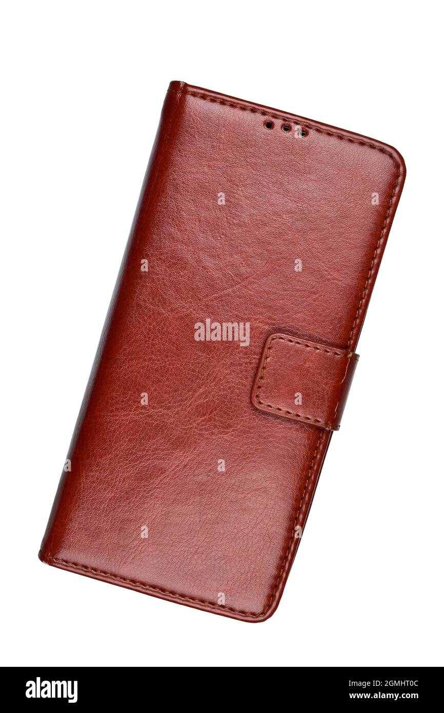 Flip cover in pelle sullo smartphone isolato su sfondo bianco con Clipping Path Foto Stock