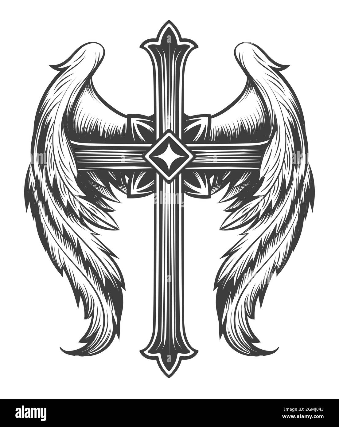 Tatuaggio o croce alare disegnata in stile engraving monocromatico. Illustrazione vettoriale. Illustrazione Vettoriale