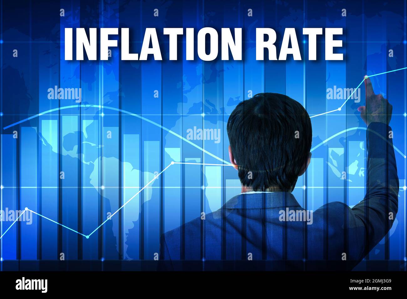 Sfondo del tasso di inflazione in blu con grafico e uomo che indicano il grafico della crescita. Aumento del concetto di inflazione contesto Foto Stock