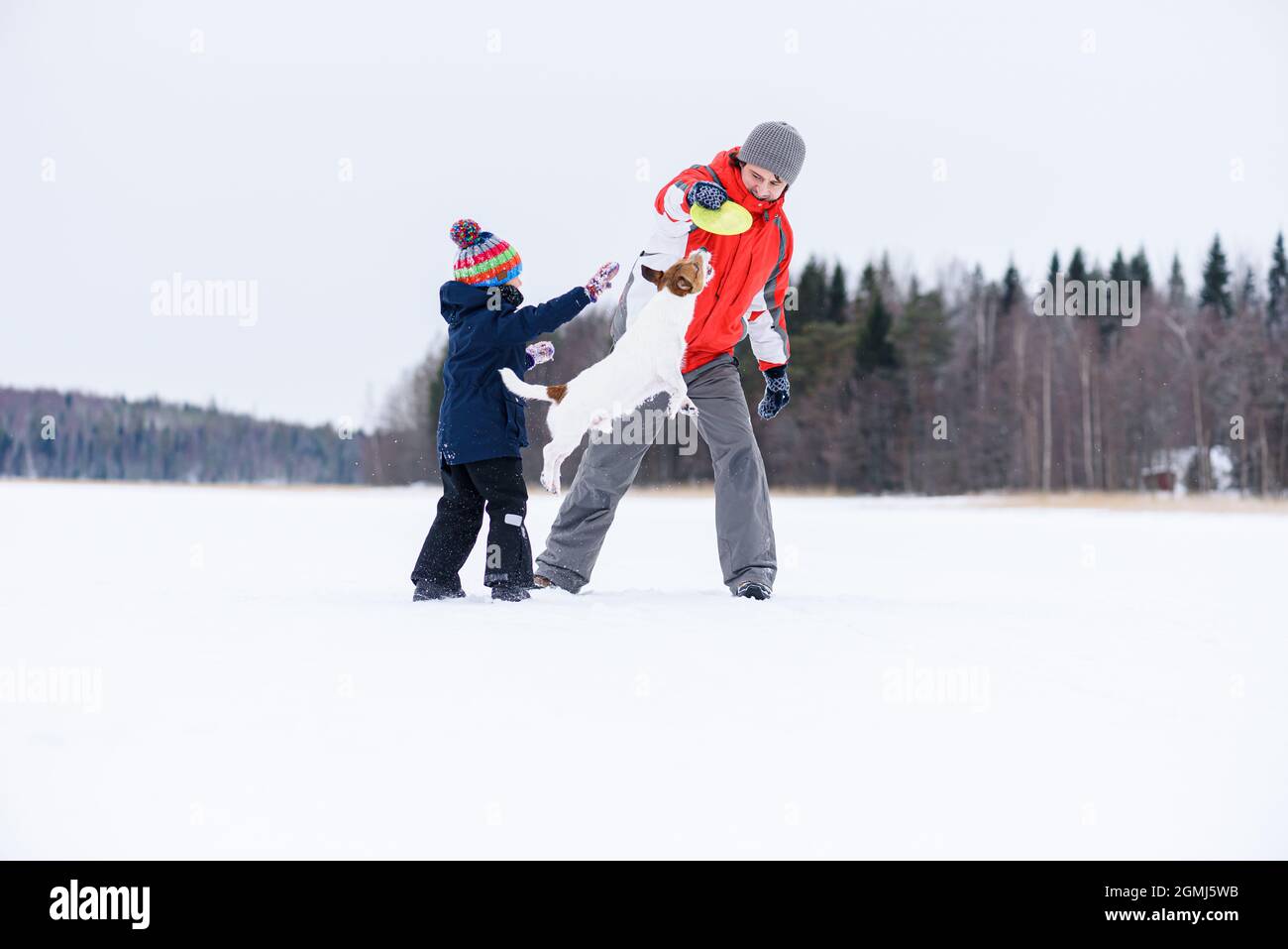 Famiglia bonding concetto con più lontano e figlio che gioca disco volante con cane domestico Foto Stock