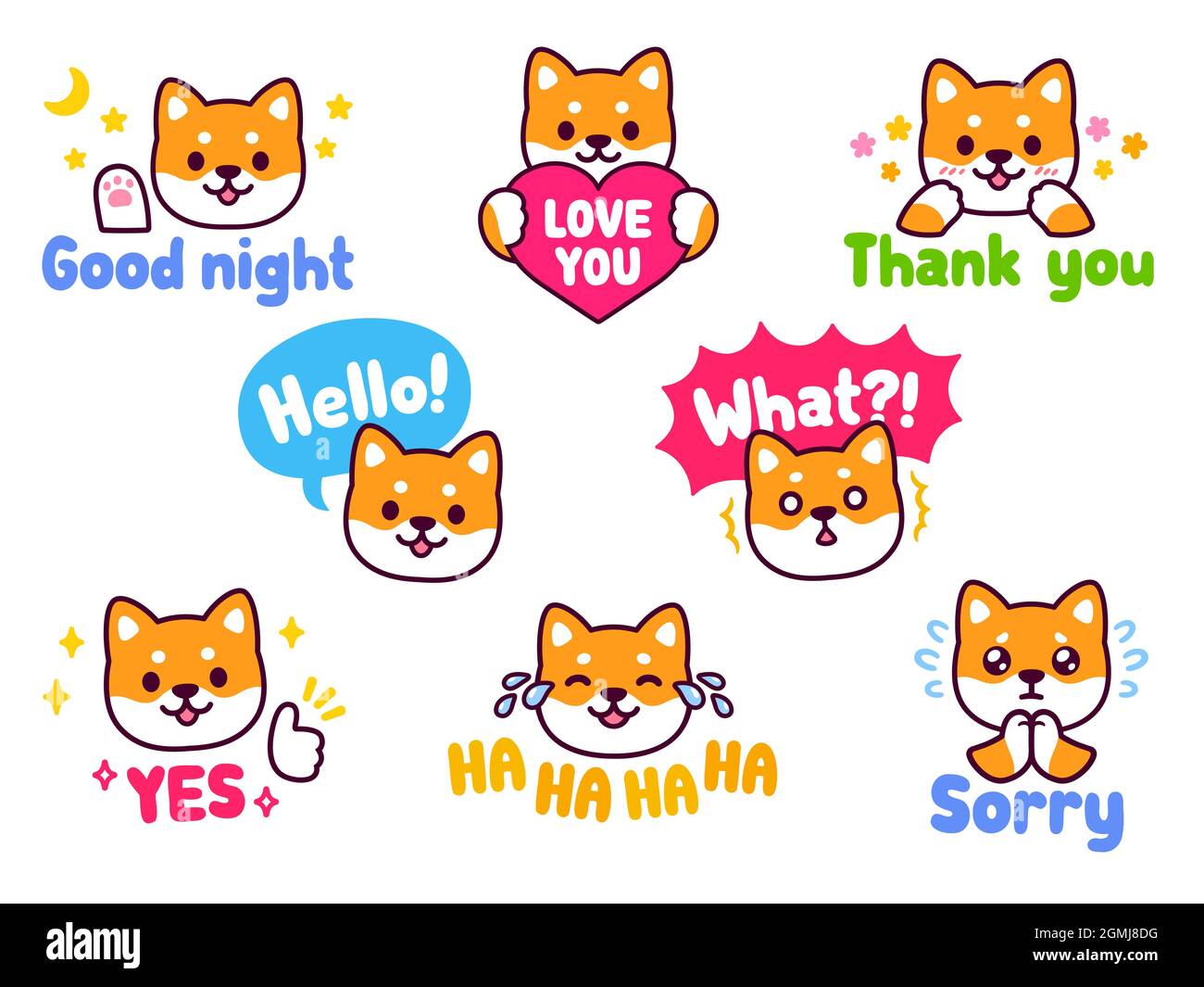 Carino set di adesivi per cani Shiba Inu. Chattate emoji con messaggi di testo: Ciao, Spiacenti, grazie, Love You, ecc Kawaii mascotte illustrazione vettoriale. Illustrazione Vettoriale