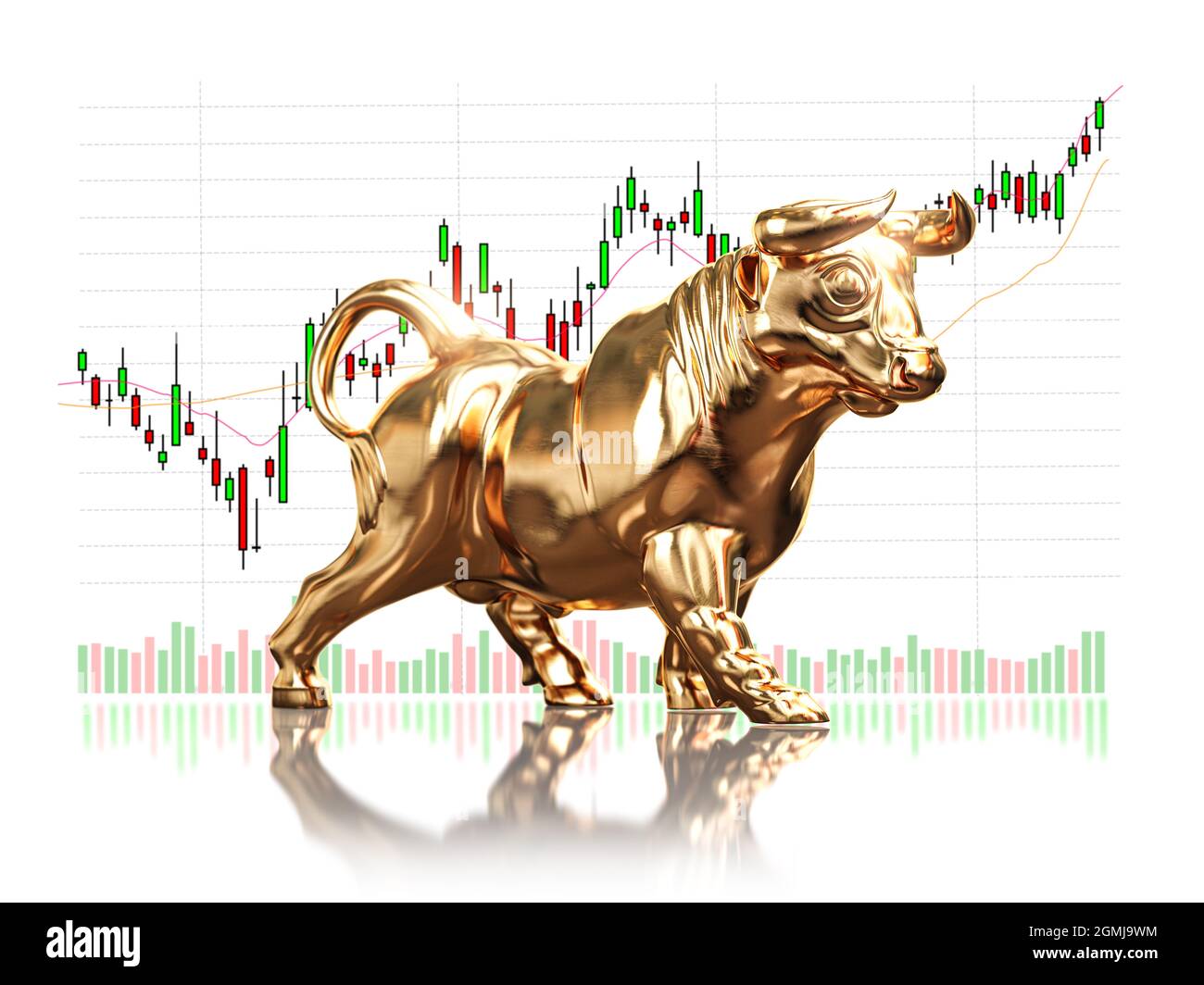 Golden bull sui dati del mercato azionario. Mercato Bull sul mercato della borsa finanziaria. illustrazione 3d Foto Stock